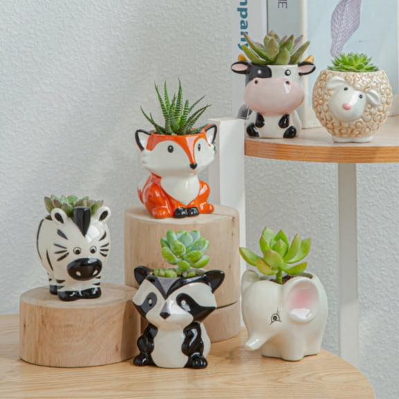 6PCS Succulent Pots,Cute Animal Shaped Cartoon Ceramic Succulent Cactus Flower Planters with Bamboo Tray -Plant Not Included