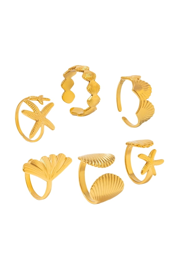 6PCS Summer Beach Holiday Jewelry Open Joint Rings Starfish Shell Design Sturdy Alloy Adjustable Rings Gift Set
