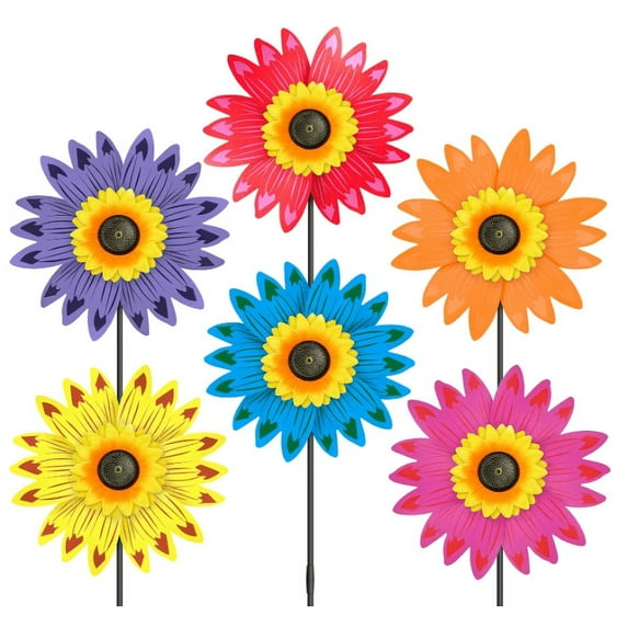 6PCS Sunflower Wind Spinners with Stakes 14" W x 19" H Wind Spinners Lawn Pinwheel Sunflower Windmill Outdoor Multicolor Pinwheels for Yard Decoration