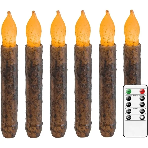 6PCS Taper Primitive Candles with Remote Control,Flameless Flickering Timer Candles Battery Operated,Real Wax Hand Dipped 6.5 Inch for Halloween,Rustic Home Decor