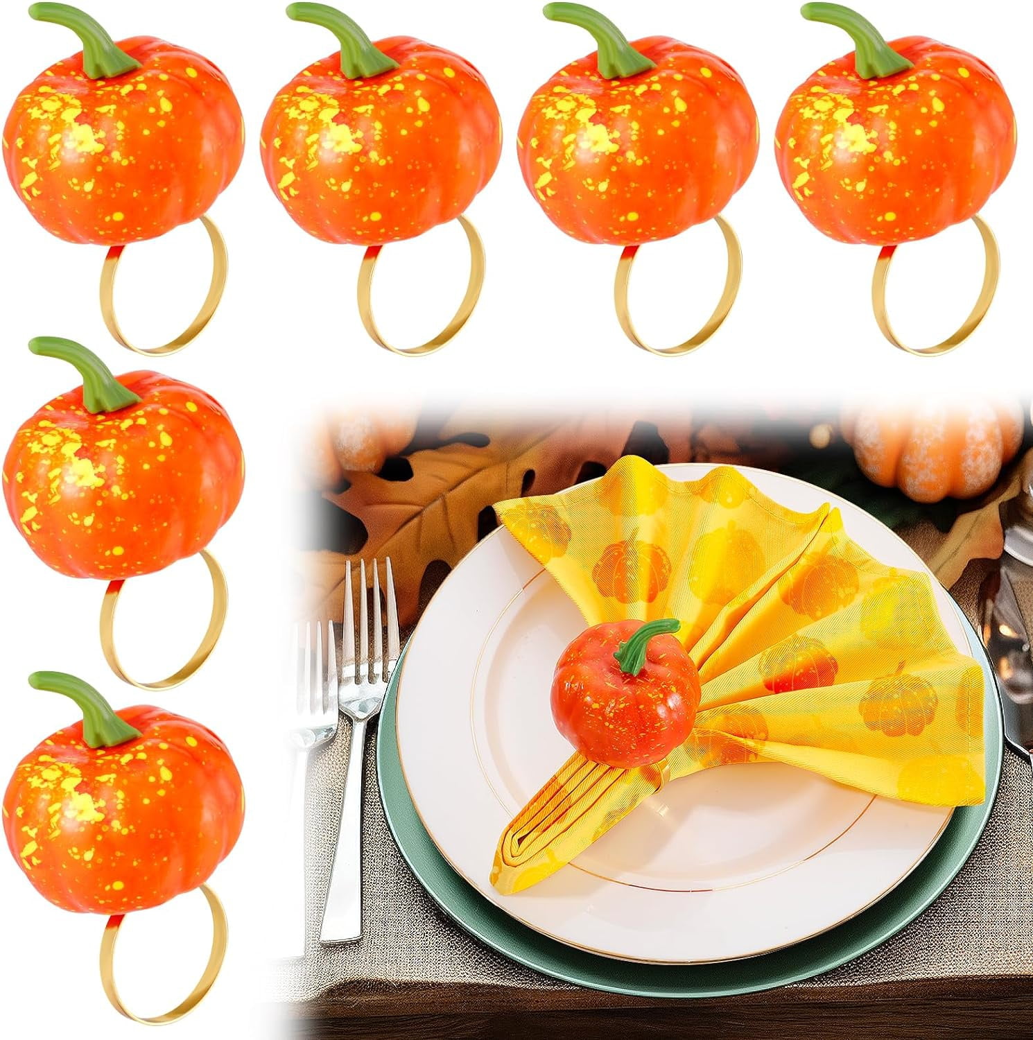 6PCS Thanksgiving Napkin Rings Set, Metal Pumpkin Napkin Rings, Autumn