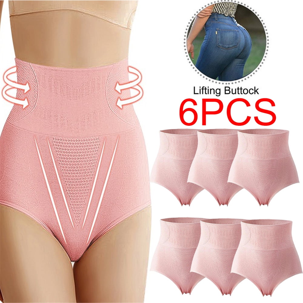 6PCS Tummy Control Warm Uterus Shapewear Women Hip Lift Seamless Slim  Shaper Knickers High Waist Panties-Pink,XL 