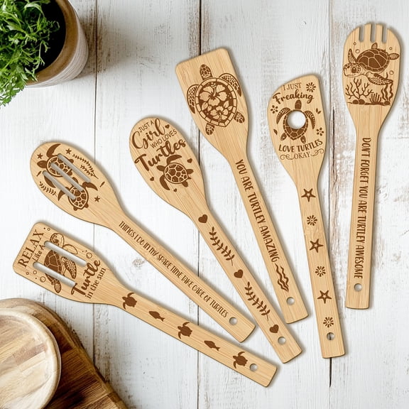 6PCS Turtle Wooden Kitchen Cooking Utensil Set 11.9in Non Toxic Bamboo Wood Spoon Set for Cooking Best Housewarming Birthday Thanksgiving Christmas Gift for Women Mother DIY