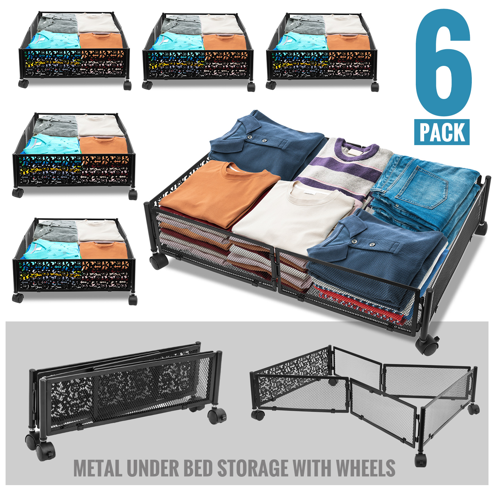 6PCS Under Bed Storage With Wheels Under bed Storage Containers Large