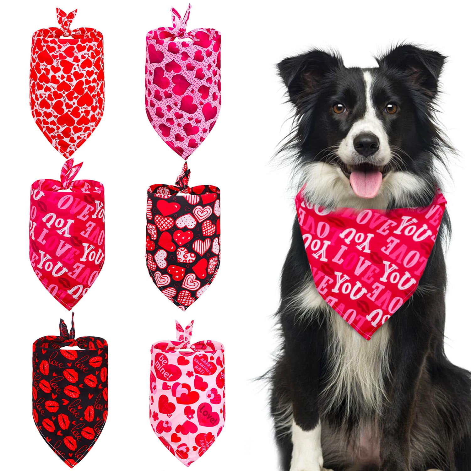 6PCS Valentine's Day Dog Bandana, Bandana Reversible Dog Triangle Scarfs Dog Wedding Bandana Heart Lips Print Pet Kerchief Accessories for Small Medium Large Dogs Cats Pets (Neck Girth 8-18in)