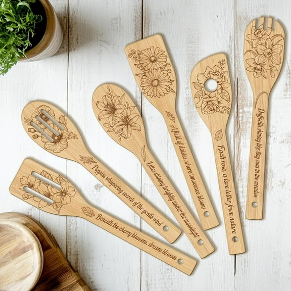6PCS Various of Flower Wooden Kitchen Cooking Utensil Set Non Toxic Bamboo Wood Spoon Set for Cooking Best Housewarming Birthday Thanksgiving Christmas Gift for Women Mother BurlyWood