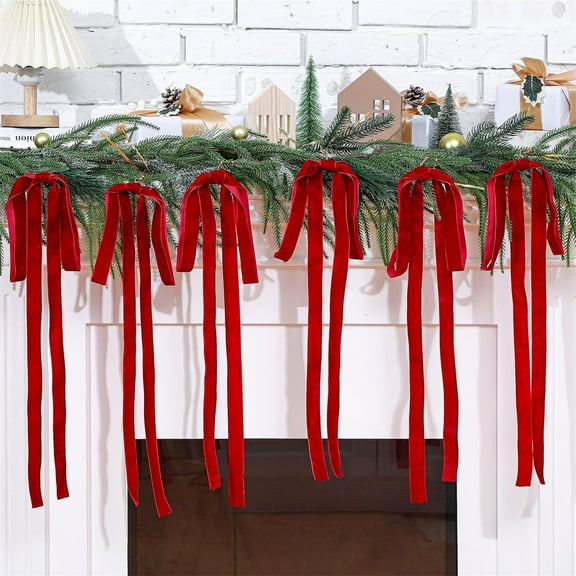 6PCS Velvet Christmas Swag Bow, 23.6x15.7" Village Large Velvet Christmas Staircase Wreath Bows, Vintage Christmas Tree DIY Decorations, Festive Flower Wreath Decor for Holiday Party Home