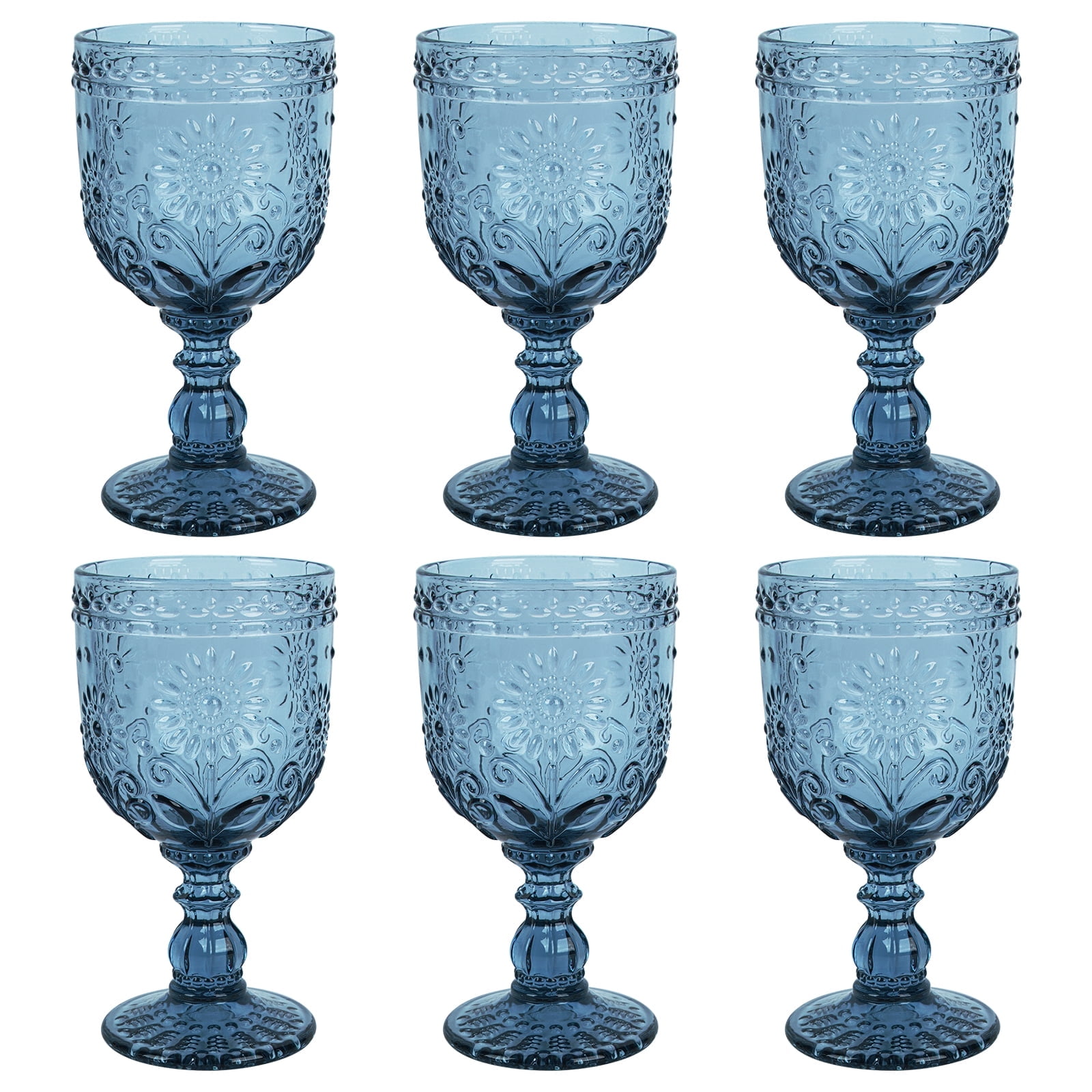 6PCS Vintage Goblet Glasses, 12 oz Wine Glasses, Glass Cups Set, Drink Glasses, Drinking Goblets, Bar Tumbler Glassware for Wine, Beer, Juice, Cocktail, Whiskey，Blue