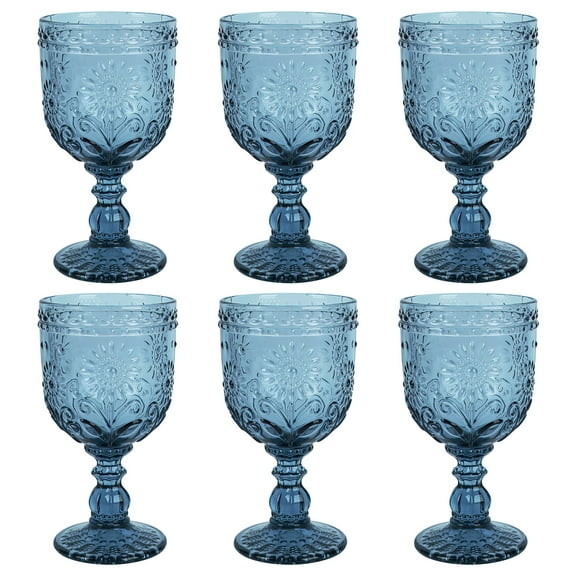 6PCS Vintage Goblet Glasses, 12 oz Wine Glasses, Glass Cups Set, Drink Glasses, Drinking Goblets, Bar Tumbler Glassware for Wine, Beer, Juice, Cocktail, Whiskey,Blue
