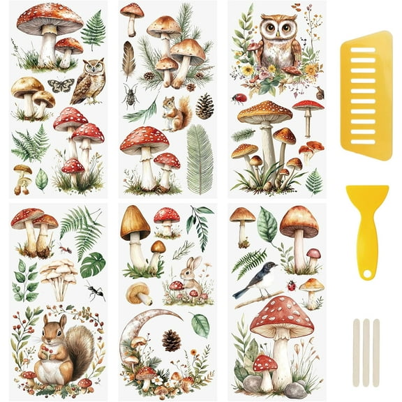 6PCS Vintage Mushroom Green Leaves Rub On Transfer Stickers for DIY Scrapbooking Photo Furniture Windows