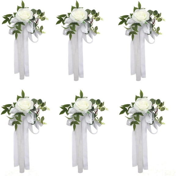 6PCS Wedding Aisle Chair Decorations, Rose Floral Wedding Chair Back Flowers With Leaves and Ribbons, Church Chair  Pew Decor for Ceremony (White)
