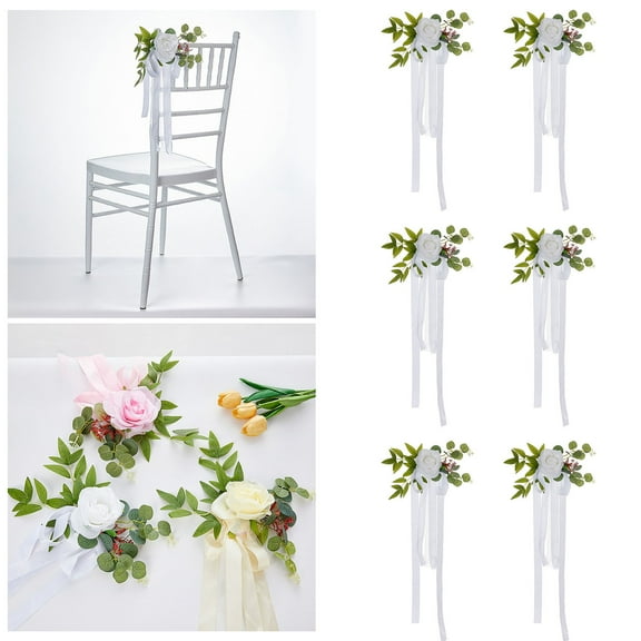 6PCS Wedding Pew Flowers - Rose Floral Aisle Chair Decorations with Chiffon Ribbons - Artificial Wedding Chair Back Flowers for , Ceremony, Bench & Reception