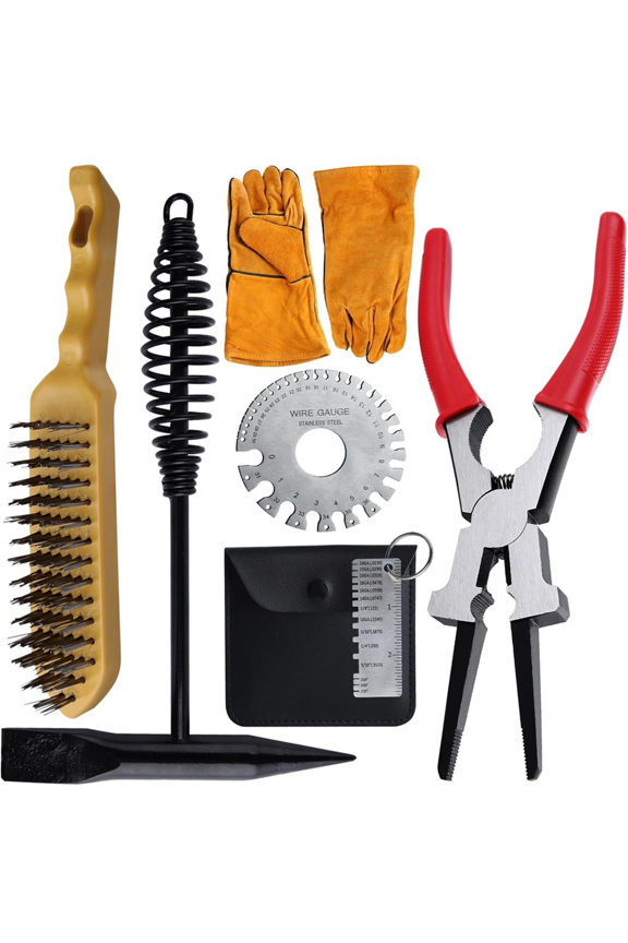 6PCS Welding Slag Removal Tool Set MIG Welding Pliers Set with Metal Plate Thickness Gauge Welding Gloves Wire Gauge