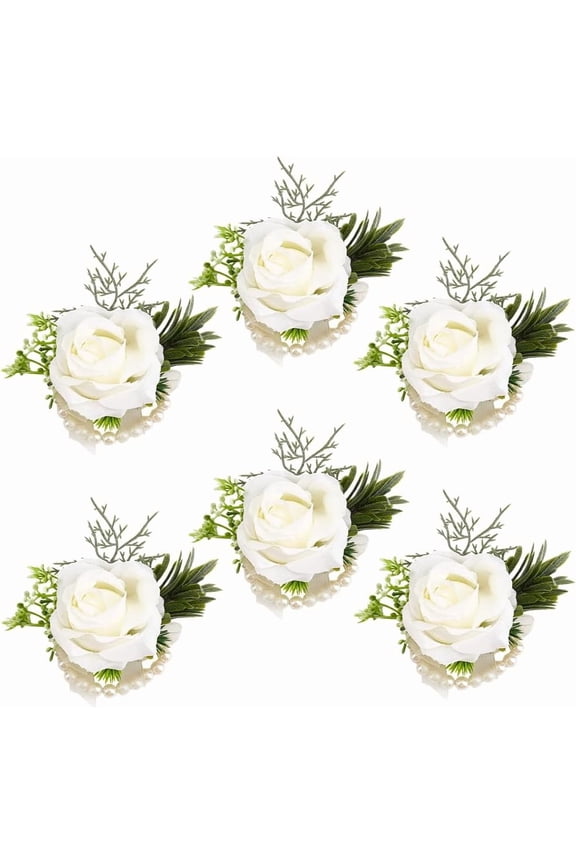 6PCS White Wrist Corsage Bracelets Wedding Rose Wrist with Pearl Handmade Flowers Wristlet Corsages