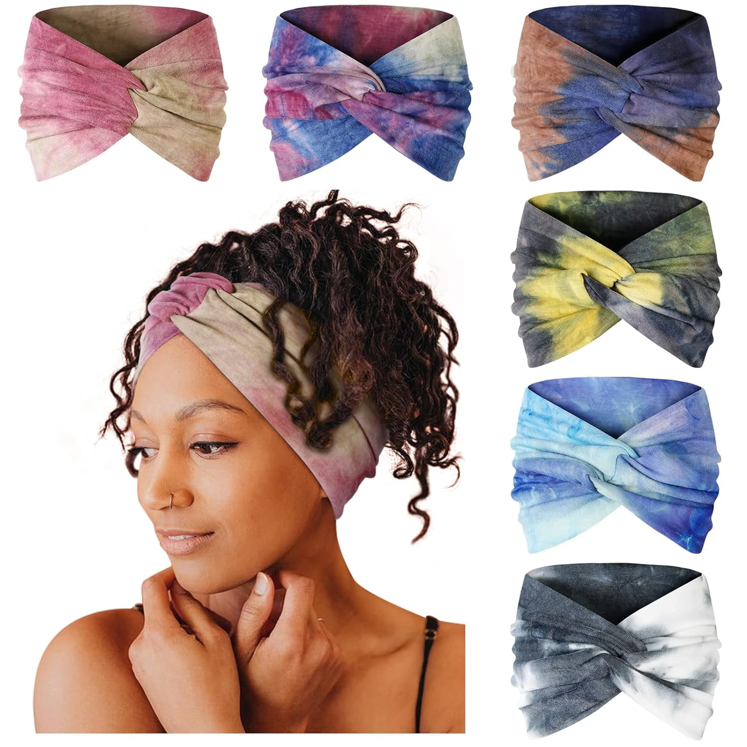 6pcs Wide Boho Headbands Tie Dyed Head Bands Thick Head Wraps Large