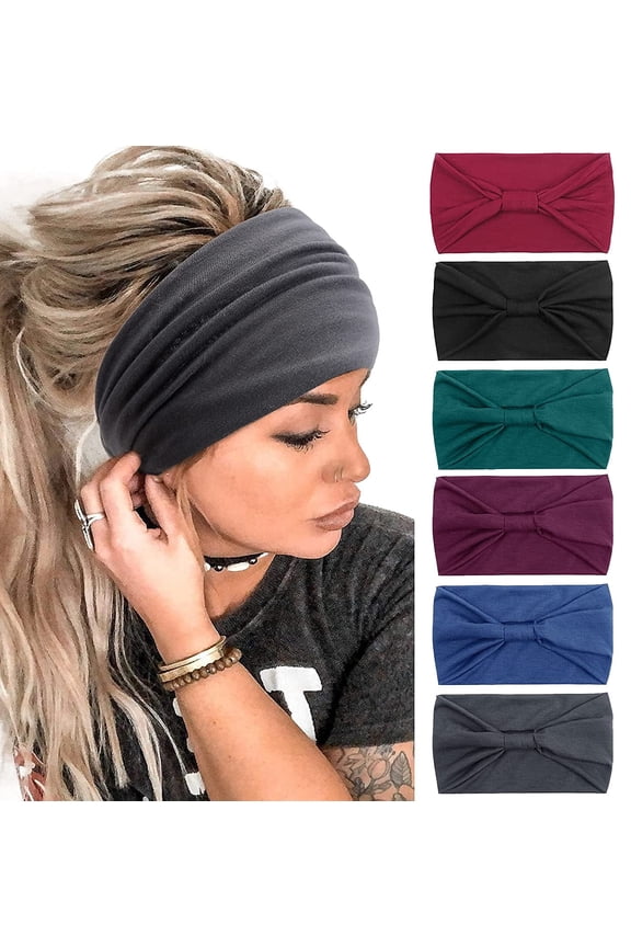 6PCS Wide Boho Headbands for Women Non-Slip Headwraps Yoga Running Sports Workout Gym Turbans Bandana Headbands