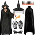 thumbnail image 1 of 6PCS Witch Costume for Women, Witches Cape Witch Hat Skeleton Gloves Spider Web Glasses Witches Nose Nails Set Witch Accessories for Halloween Cosplay Party, 1 of 7