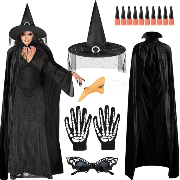 6PCS Witch Costume for Women, Witches Cape Witch Hat Skeleton Gloves Spider Web Glasses Witches Nose Nails Set Witch Accessories for Halloween Cosplay Party