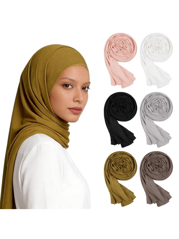6PCS Women Muslim Head Scarf, Smooth Jersey Hijab Wrap, Solid Color Head Coverings, Long Soft Shawl for Daily Wear