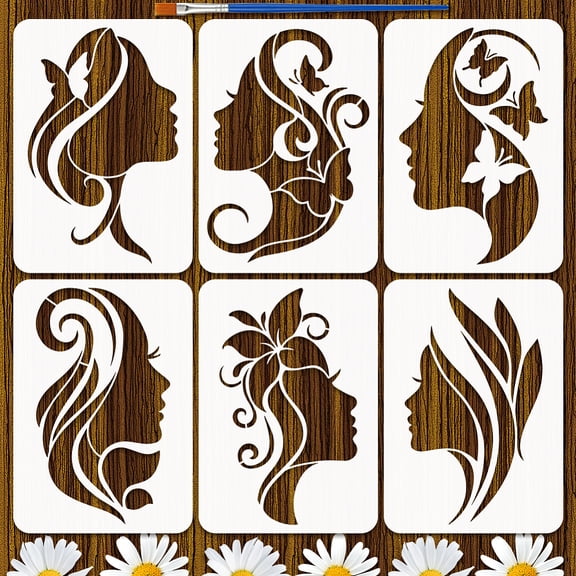 6PCS Women Silhouette Stencils with Brush 8.3x11.7inch Reusable Female Art Silhouette Template Decorative Woman Face Silhouette Stencil
