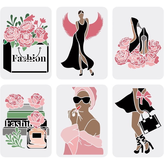6PCS Women Theme Stencils - Floral Female Face High Heel Angel Wings Rose Lady Templates 11.7x8.3 Inch Plastic Reusable Paint Stencil