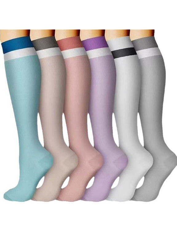 6PCS Women's Knee High Compression Socks, Sweat Absorb Odor Resistant, Circulation Boost Color Block Stockings, All Season Support Socks for Nurse Running Fitness | TruHer,Black L