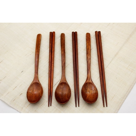 6PCS - Wood Spoons & chopsticks Soup Eco Friendly Japanese Tableware Natural