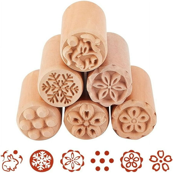 1Set 6PCS Wood Stamp Set Flower & Rabbit Shaped Column Wooden Stamps Natural Wood Stamps for Clay Valentine's Day Birthday Gift - Six Shapes(2 x 1 Inch)