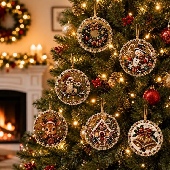 6PCS Wooden Christmas Ornaments DIY Pearl Art Kits for Adults, Hanging Diamond Art Christmas Ornaments Set with Pearls, Special-Shaped Gems & Jute Twine, Christmas Decor Craft