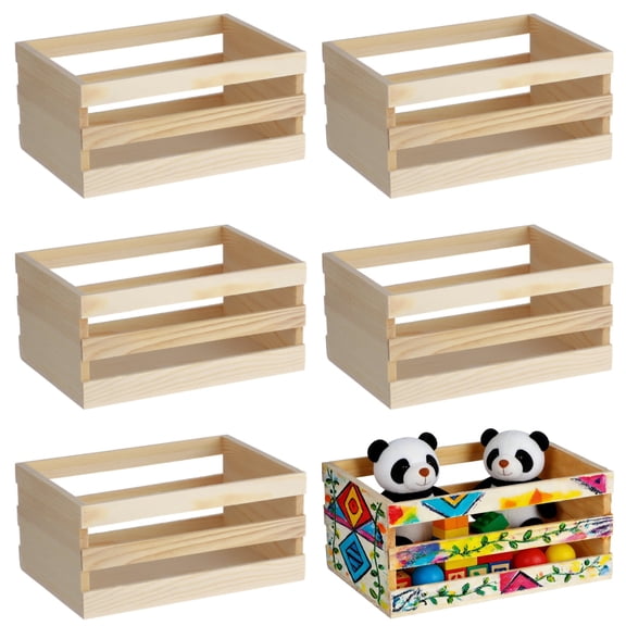 6PCS Wooden Crates for Crafts and Storage, 8" Unfinished Pine Wood Crate Boxes, Rustic Wood Baskets Organizer for Home