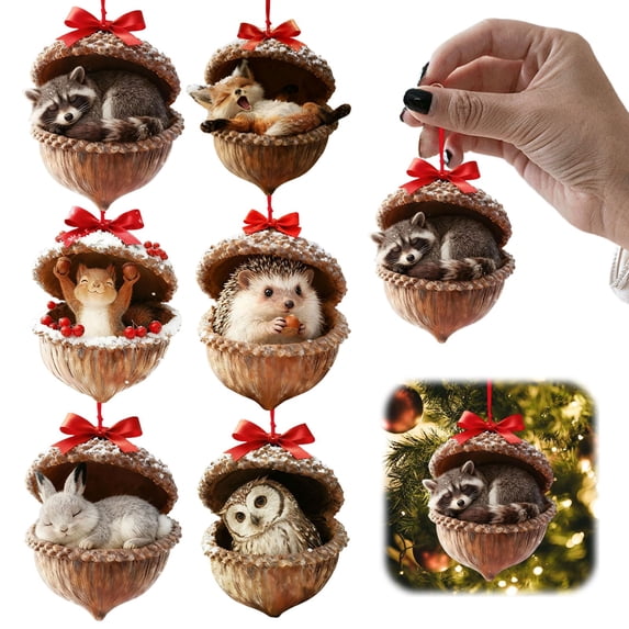 6PCS Woodland Christmas Ornaments, 3D Acorn Animal Hanging Decorations, Rustic Nature Inspired Tree Decor for Wreath Garland Mantel Home Holiday