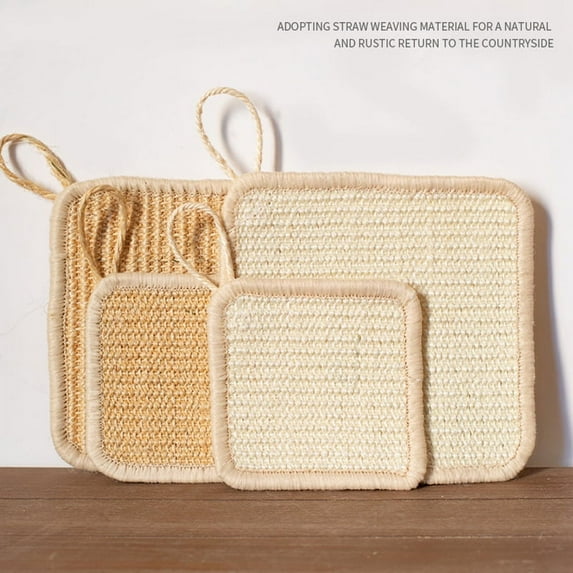 6PCS Woven Placemats for Dining Table, Natural Corn Hulls Weave Placemat Spuare Braided Rattan Tablemats Insulation Pads for Kitchen, Beige 6PCS-5*5"