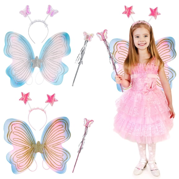 Set of 2 Youngsters Butterfly Costume Set, Includes 2 Pcs Fairy Princess Butterfly Wings, 2PCS Star Wands, and 2PCS Hairbands for Cosplay, Dress Up, Pretend Play, 15" x 13.8"
