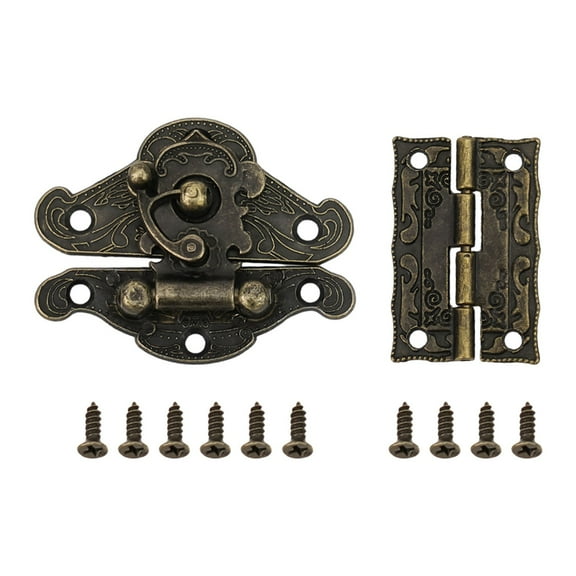 6PCS Zinc Alloy Bronze Cabinet Hinge Set with Wooden Box Latch Hasp and Screws for Vintage Furniture Hardware