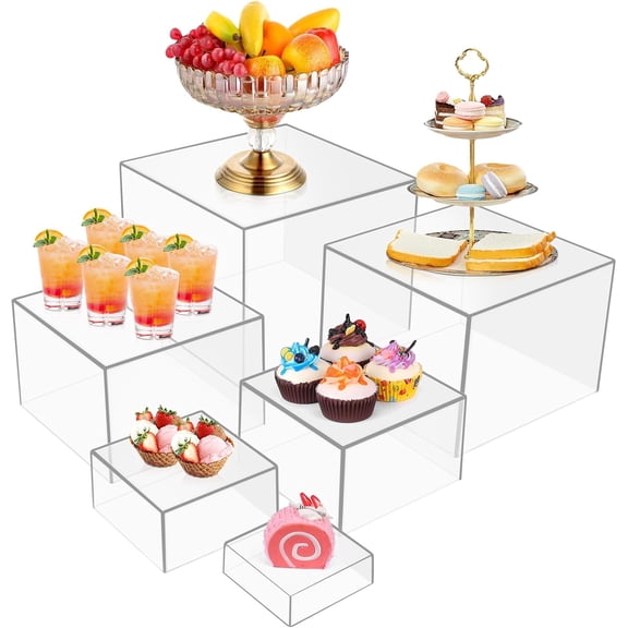 6PCS clear Buffet Risers，Large Food Risers for Buffet Table, Dessert Table Display Set,Food Stands for Display Party，Collectibles Jewelry Display Stand, Acrylic Cube Boxes big