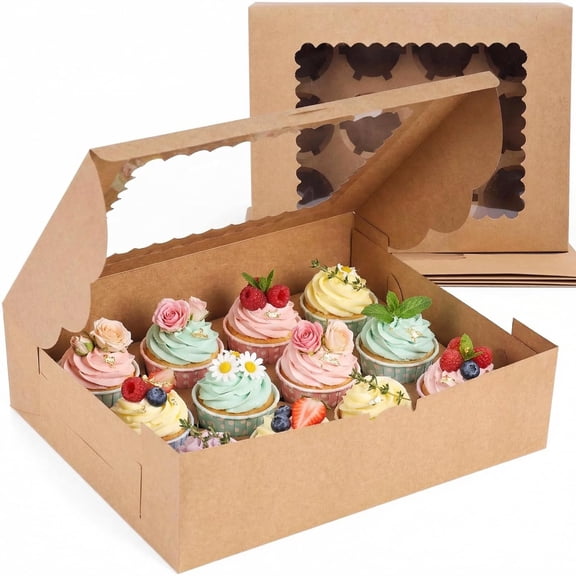 6PCS kraft paper cupcake container, 12 boxes with window, can hold 72 pastry boxes, baking supplies for birthday holiday parties