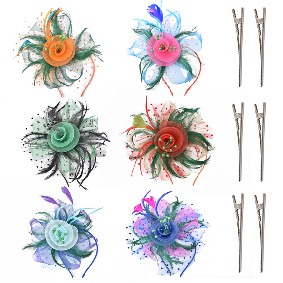 Demine 6Pcs Fascinator Hats for Women Tea Party Hats Flower Mesh Ribbons Feathers Headband Hair Clips for Wedding, Carnival & Cocktail