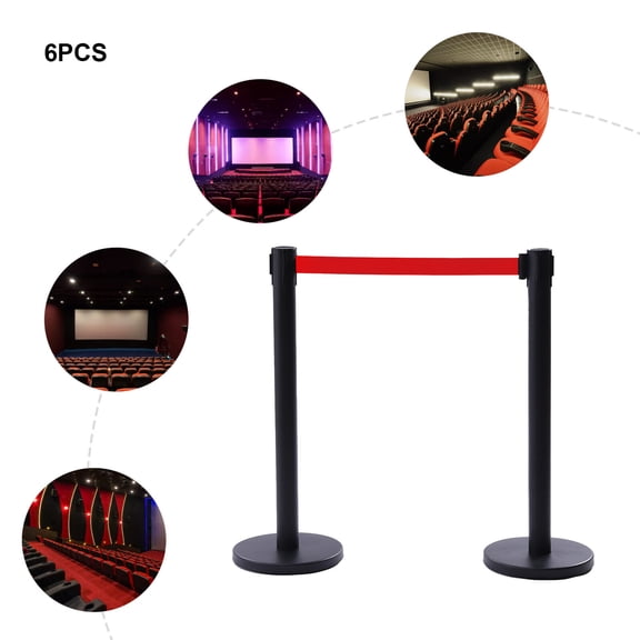 6PCs Crowd Control Barrier Stanchion Set Posts Queue Pole Retractable Belt