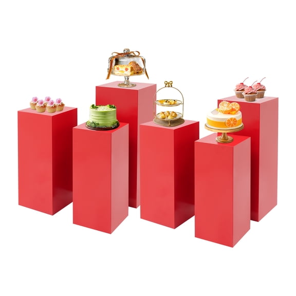 6PCs Red Metal Pedestal Stand for Party,Square Display Stands Pillars for Wedding, Square Tall Pedestal Cake Stands Pillars for Parties, Sculpture Display Column Decoration Cube