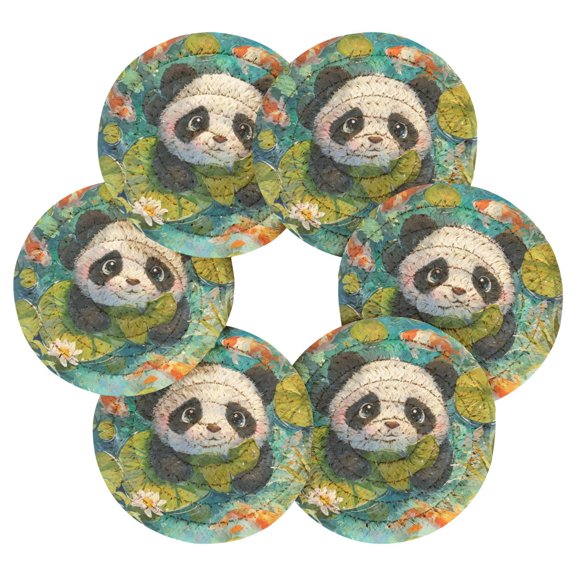 6PCs Round Coasters Set Heat Resistant Washable Kitchen Table Decorations with Storage Rack Adorable Panda Pattern