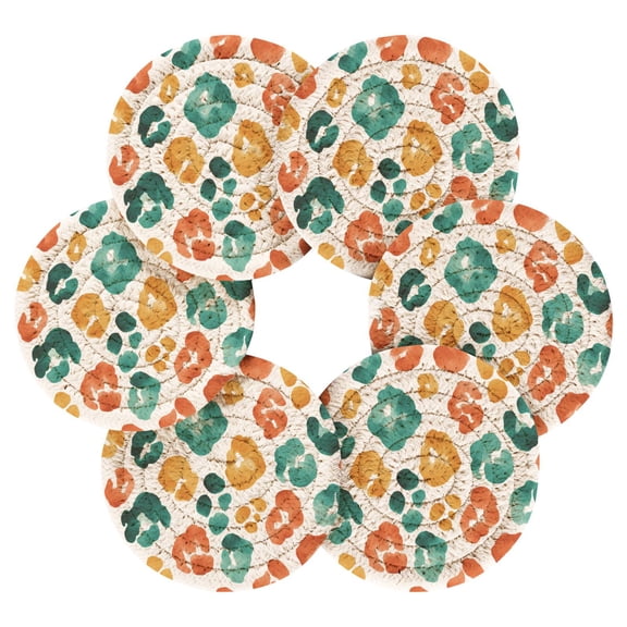 6PCs Round Coasters Set Heat Resistant Washable Kitchen Table Decorations with Storage Rack Autumn Leopard Watercolor