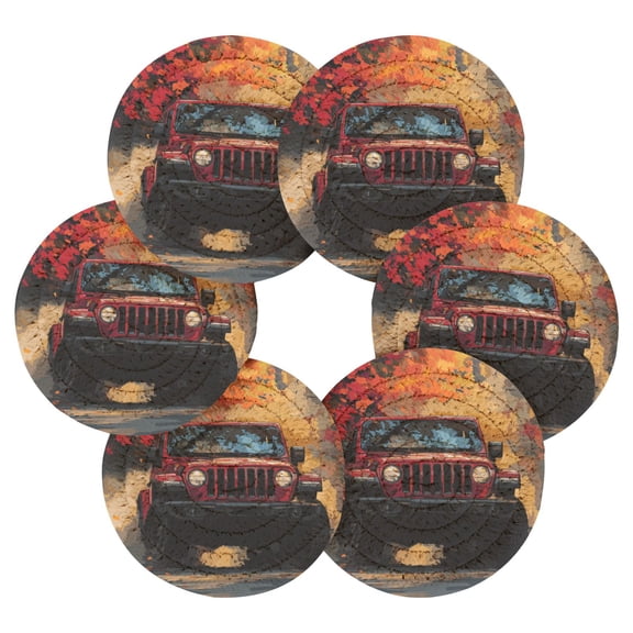 6PCs Round Coasters Set Heat Resistant Washable Kitchen Table Decorations with Storage Rack Autumn Trail Red Off-road Jeep