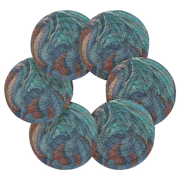 6PCs Round Coasters Set Heat Resistant Washable Kitchen Table Decorations with Storage Rack Azure Dragon