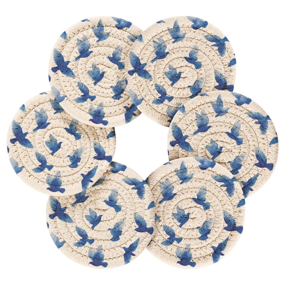 6PCs Round Coasters Set Heat Resistant Washable Kitchen Table Decorations with Storage Rack Blue Birds in Flight