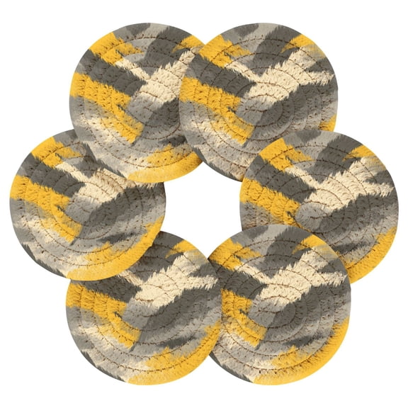 6PCs Round Coasters Set Heat Resistant Washable Kitchen Table Decorations with Storage Rack Brushstroke Yellow Grey Camo Print