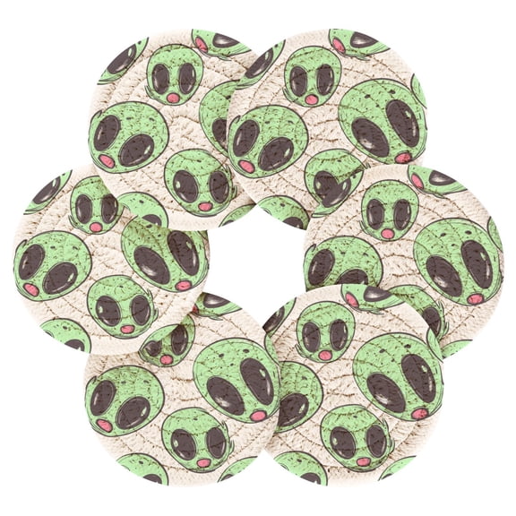 6PCs Round Coasters Set Heat Resistant Washable Kitchen Table Decorations with Storage Rack Cartoon Green Aliens