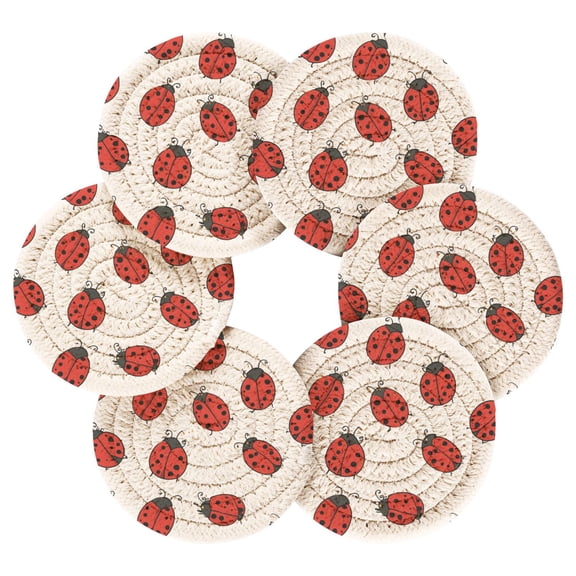 6PCs Round Coasters Set Heat Resistant Washable Kitchen Table Decorations with Storage Rack Cartoon Style Ladybugs