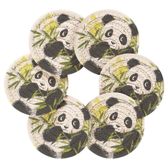 6PCs Round Coasters Set Heat Resistant Washable Kitchen Table Decorations with Storage Rack Cheerful Bamboo Panda