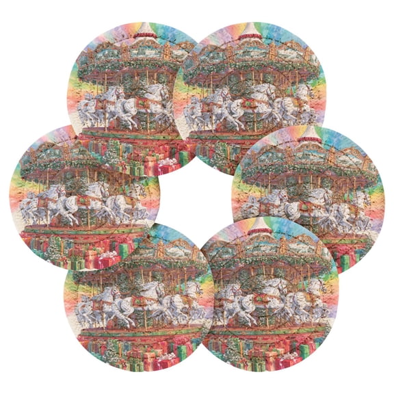 6PCs Round Coasters Set Heat Resistant Washable Kitchen Table Decorations with Storage Rack Christmas Spinning White Horse