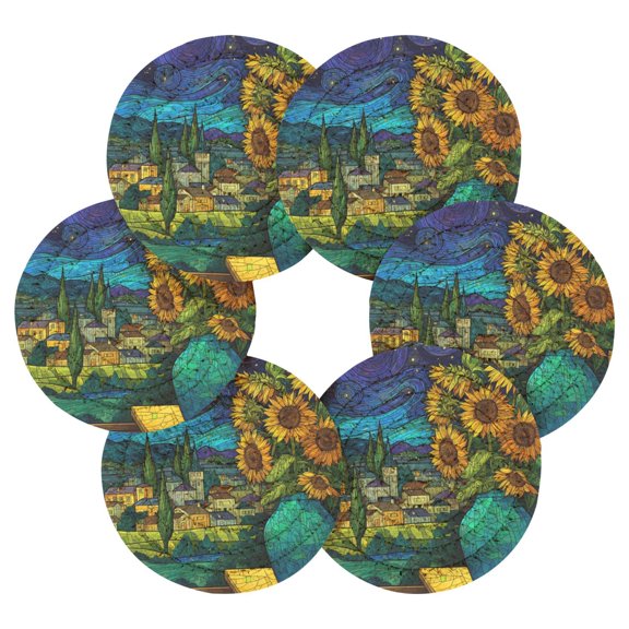 6PCs Round Coasters Set Heat Resistant Washable Kitchen Table Decorations with Storage Rack Cosmic Sunflower View